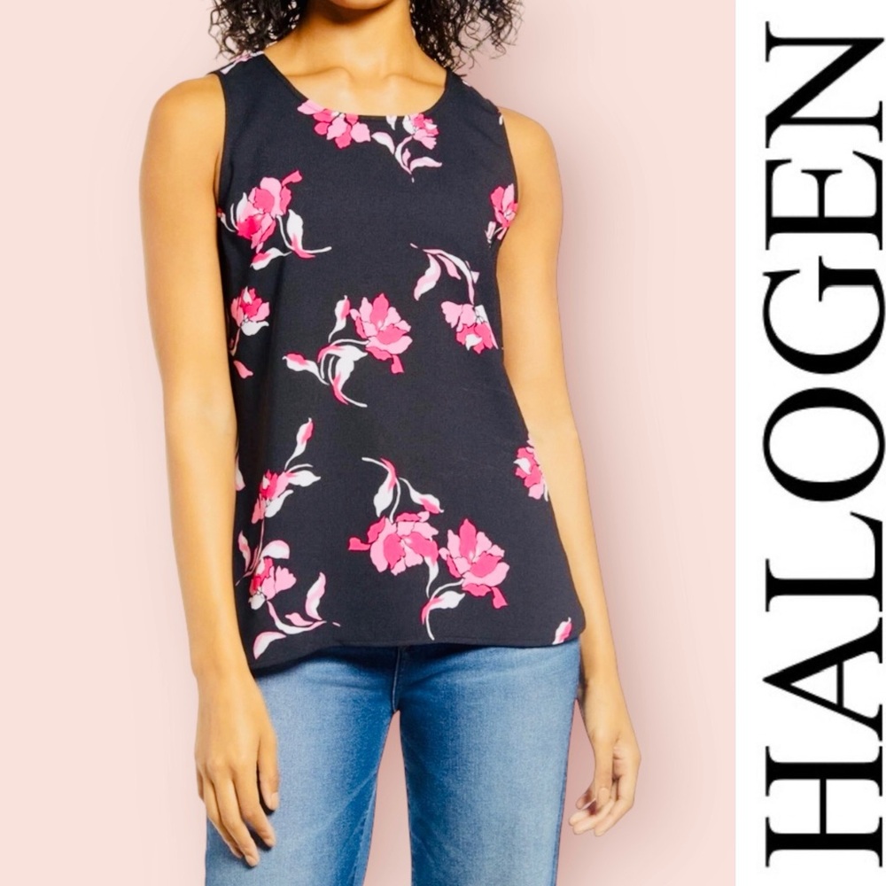 Halogen Black Tank Top with Pink Floral Design, Size M, MSRP $38